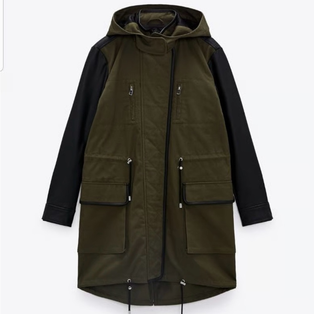 Zara Green and Black Utility Jacket with Hood and Adjustable Waist